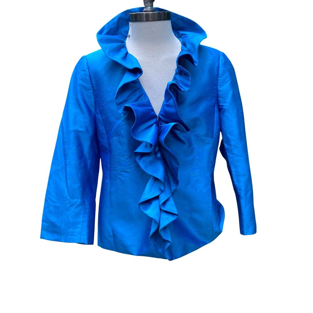 Nina McLemore Blazer Womens 8 Blue 100% Silk Ruffle Front 3/4 Sleeve Jacket
